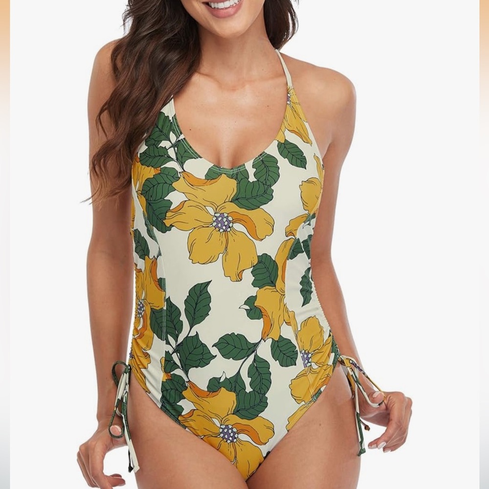 Charmo Floral Halter One Piece Womens Swimsuit‎ Yellow Green Tummy Control L NWT